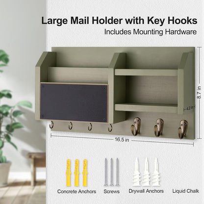 Lwenki Mail and Key Holder – Wall Mount Key Hanger with Shelf and 7 Metal Hooks – Decorative Natural Paulownia Wood Entryway Organizer with Mounting Hardware (16.5”W x 8.7”H x 3.5”D) (Brown)