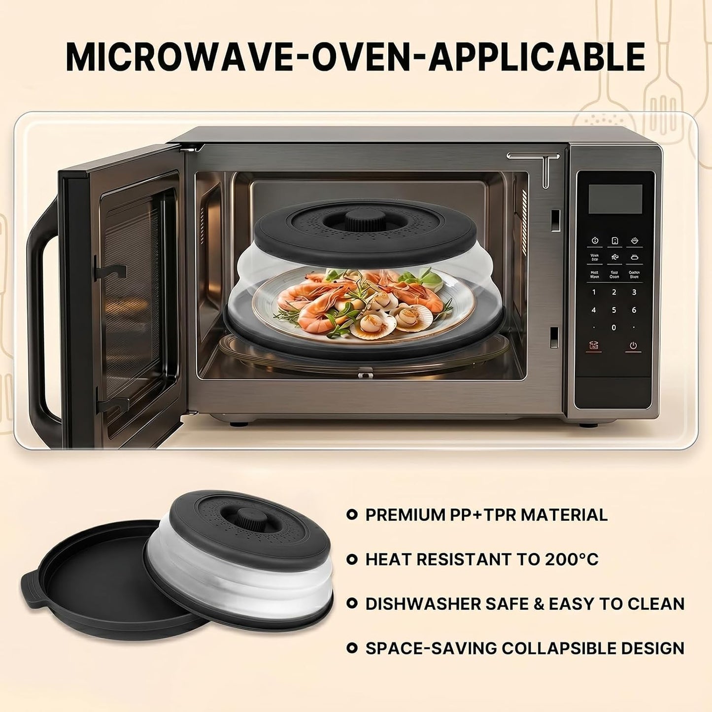 10 Inch Microwave Splatter Cover Vented for Food, Collapsible Splatter Guard with Handle, Anti-Splatter Plate Lid for Kitchen Fruit Vegetables, Dishwasher-Safe Easy Clean (black)