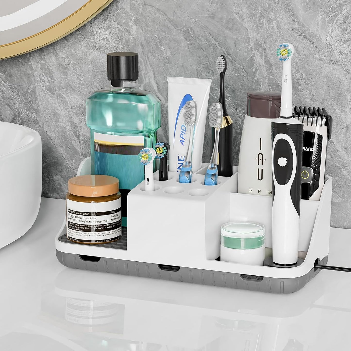 Boperzi Electric Toothbrush Holders with Cord Slots: Detachable Toothbrush and Toothpaste Holders, Large Tooth Brush Storage Caddy Set Drainage, Anti-Slip Bathroom Counter Organizer for Family, Kids