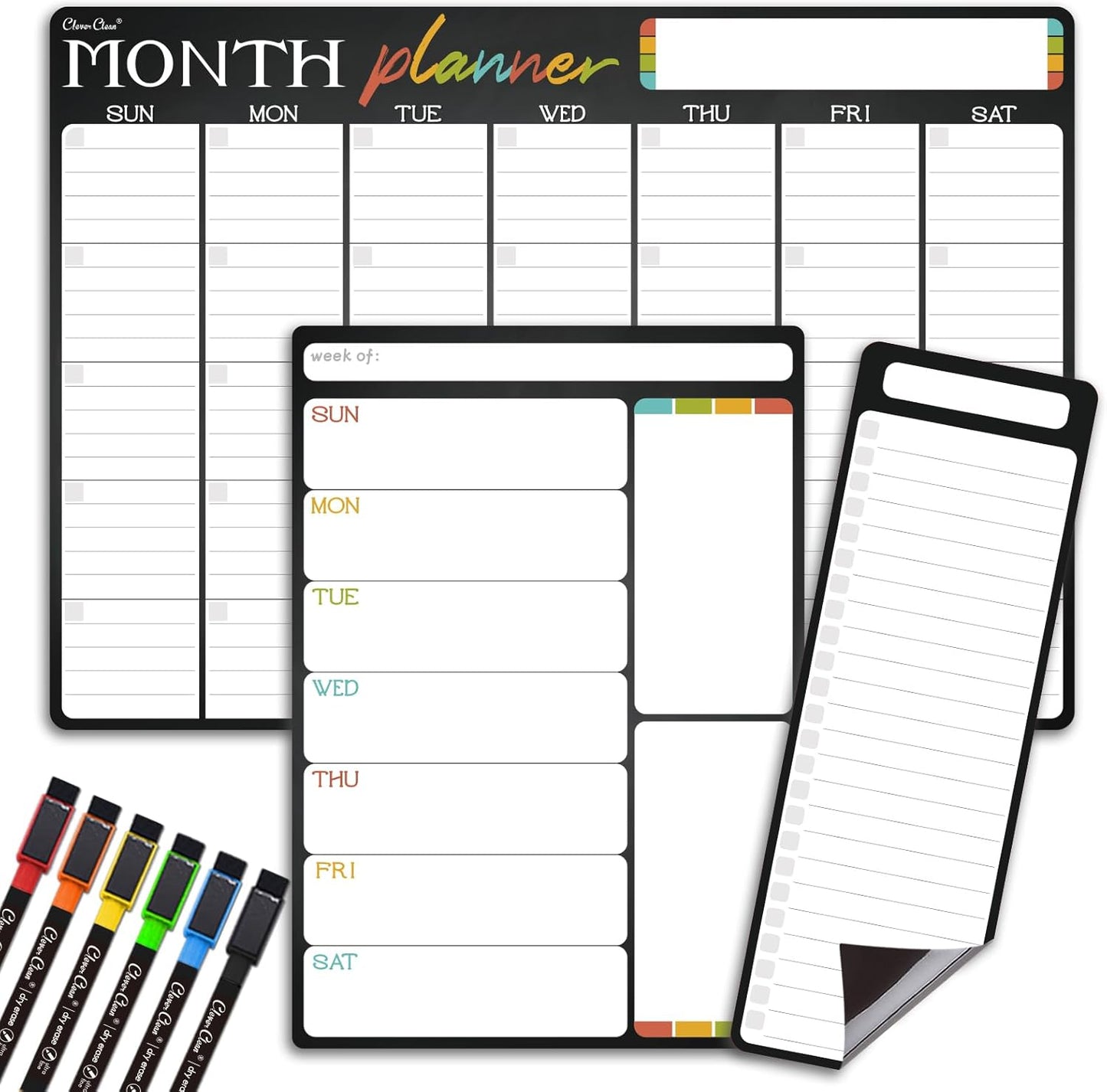 Magnetic Dry Erase Monthly Calendar Set - 15.5"x13" Monthly and 8.5"x13" Weekly Calendar for Fridge - 6 Extra Fine Point Markers Included - Shipped Flat