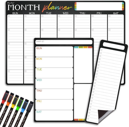 Magnetic Dry Erase Monthly Calendar Set - 15.5"x13" Monthly and 8.5"x13" Weekly Calendar for Fridge - 6 Extra Fine Point Markers Included - Shipped Flat
