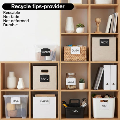 60 Pcs Clip on Labels for Storage Bins | 30 Black & 30 White Label Clips for Storage Bins with 2 Chalk Markers & 4 Flower Stickers (3.5 x 2.5 x 0.6 Inches)