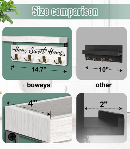 buways Key Holder Wall Mount with 8 Hooks and Cozy Home Sign (Gray) | Solid Wood, Floating Shelf for Keys, Mail, and Daily Essentials in Entryways, Hallways or Home Decor