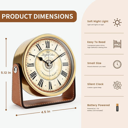 Analog Alarm Clock - 4.5" Silent Non Ticking Small Clock with Light, Rotatable Stand Metal Desk Clock Battery Operated, Simple Design for Living Room Decor/ Bedroom/Bedside/Shelf (Black & White)
