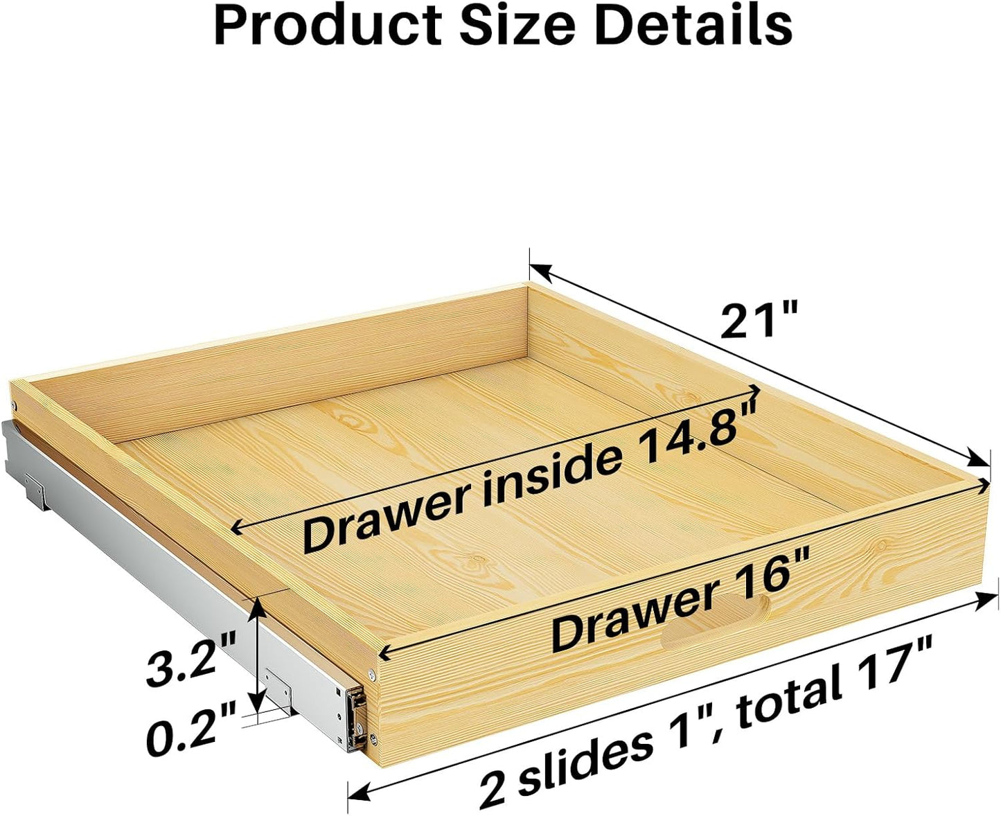 Pull Out Cabinet Organizer, Soft Close Wooden Slide Out Drawers for Pots and Pans, Full-extension Roll Out Shelves for Kitchen Cabinets, Pantry Organization, Bottom & Side Mount(15"W X 21"D x 3.4''H)