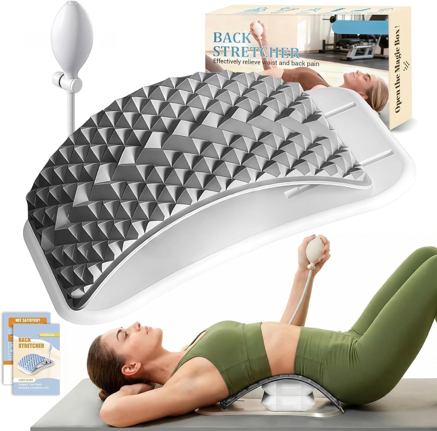 Back Stretcher for Back Pain, Adjustable Height & Soft Sponge Material | Lumbar Back Stretcher With Acupressure Points, Air Pump Adjustable Height, Spine Stretching Support, Scoliosis, Manual Includ