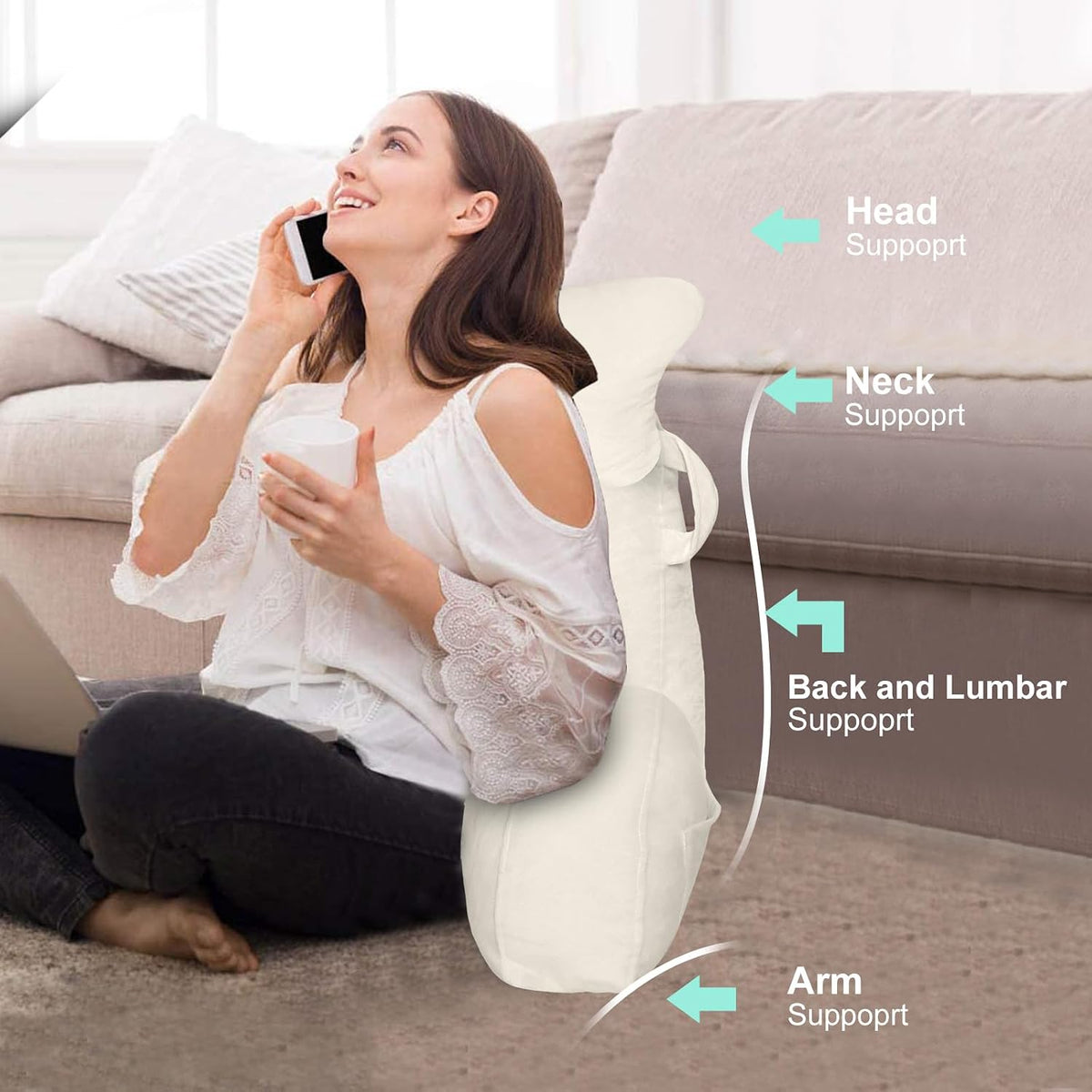 SLIGUY Reading Pillow for Sitting in Bed Couch Adult, Back Pillow with arm Support and Pockets, Adult Back Pillow Bed Chair for Bed Rest, Reading, Watching TV, Gaming for Boys and Girls Dark Grey