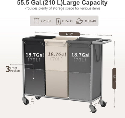 Heybly 3-Section Laundry Sorter Hamper,Rolling Laundry Hamper with Removable Bags – Heavy-Duty Laundry Sorter Cart with Wheels for Dirty Clothes, 40.2 x 15.4 x 33.1 Inches HLH024P03