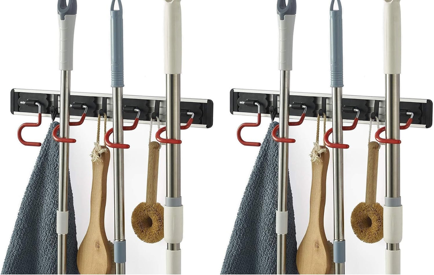 Wall Mounted Mop and Broom Holder Stainless Steel S Type Broom Rack Anti-Slip Mop Organizer (17 Inches,4 Positions 3 Hooks, Red black) (17inch)