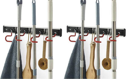 Wall Mounted Mop and Broom Holder Stainless Steel S Type Broom Rack Anti-Slip Mop Organizer (17 Inches,4 Positions 3 Hooks, Red black) (17inch)