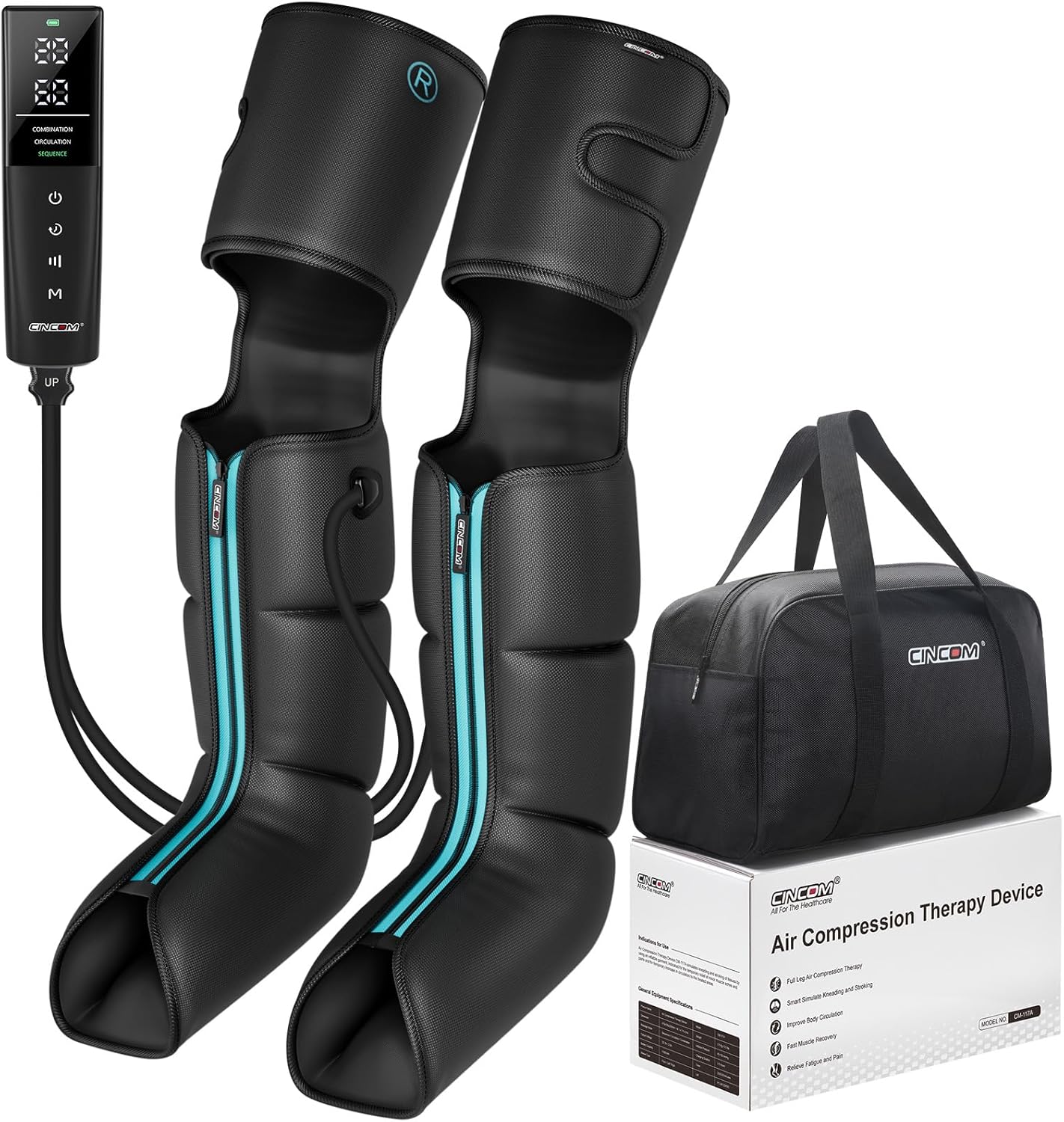 CINCOM Cordless Leg Massager, Air Compression for Pain & Circulation | 3 massage modes, 10 intensities, 5 timers, Rechargeable, Relieves RLS, edema, muscle fatigue, Use at home, office, or travel