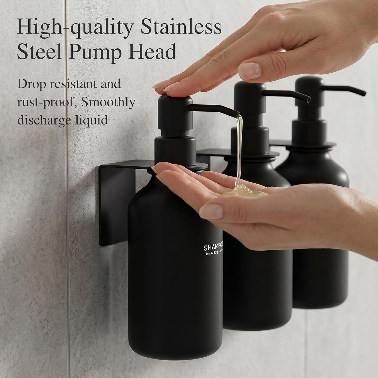 Shampoo and Conditioner Dispenser Wall Mounted Set of 3 - Shampoo Conditioner Body Wash Dispenser No Drill - White Shower Bottles Refillable with Labels and Stainless Steel Pumps 500ML/16.9oz