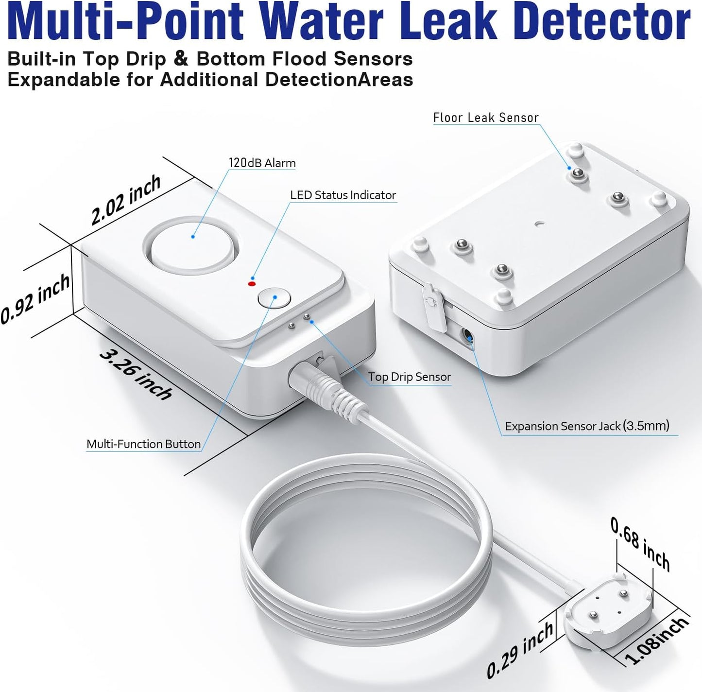 5 Pack Water Leak Detectors with 5FT Water Level Probe, Drip, Flood Sensor | DIY Extendable|120dB Alarm for Home/Basement Sump Pump/Bathroom/Kitchen/Toilet/Laundry Room,Under Sink/Pipe Leakage Detection