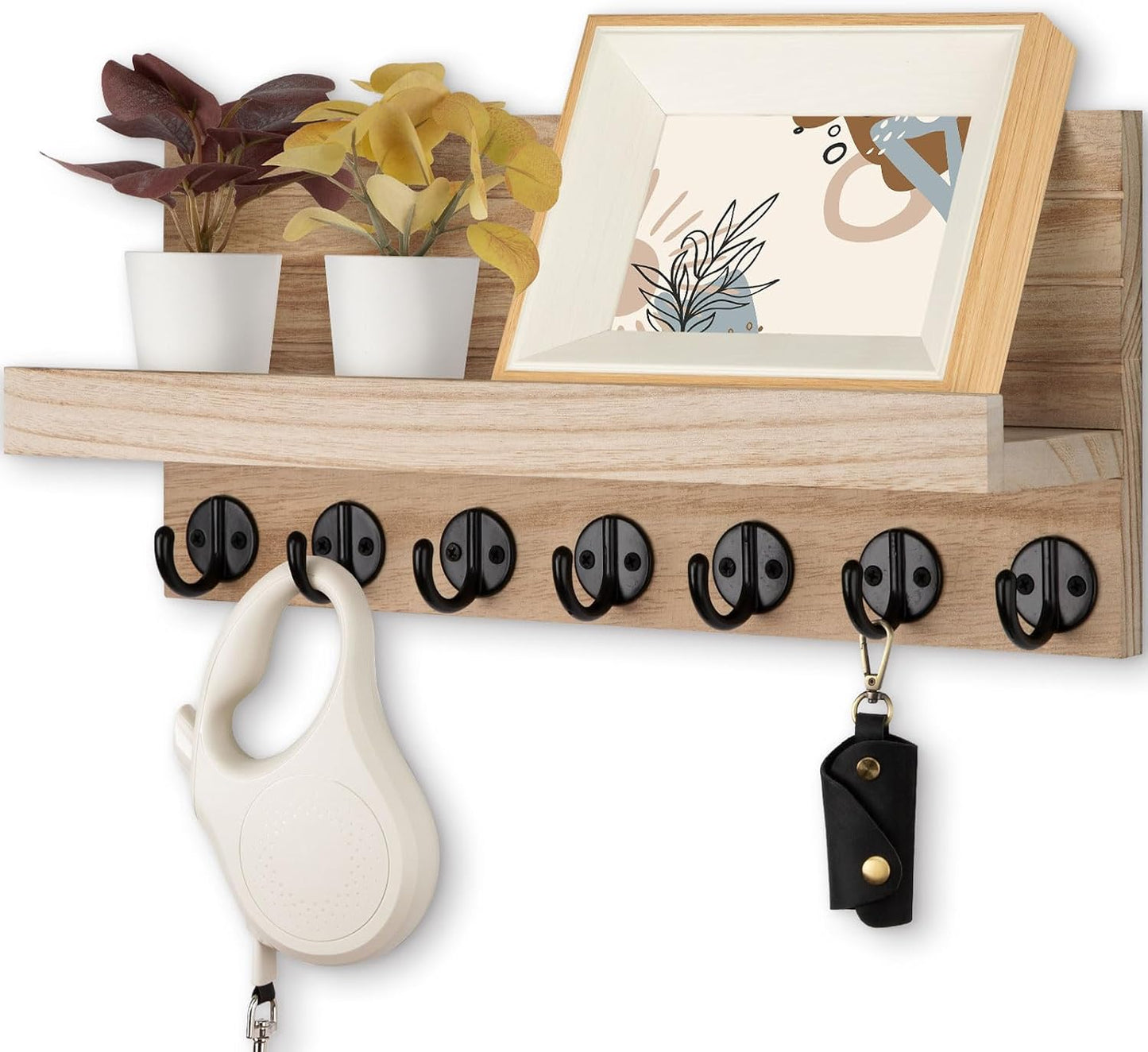 Lwenki Key Holder Wall Mount, Entryway Key and Mail Holder with 7 Sturdy Hooks for Sunglasses, Dog Leash, Decorative Wall Shelf with Mounting Hardware, 15”W x 6.7”H x 4.2”D