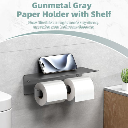 APLusee Matte Black Toilet Paper Holder with Storage Shelf, Wall Mounted | Rustproof 304 Stainless Steel, 2-in-1 Functional Toilet Paper and Phone Storage, Fits Bathroom, Restroom, Vanity, Kitchen