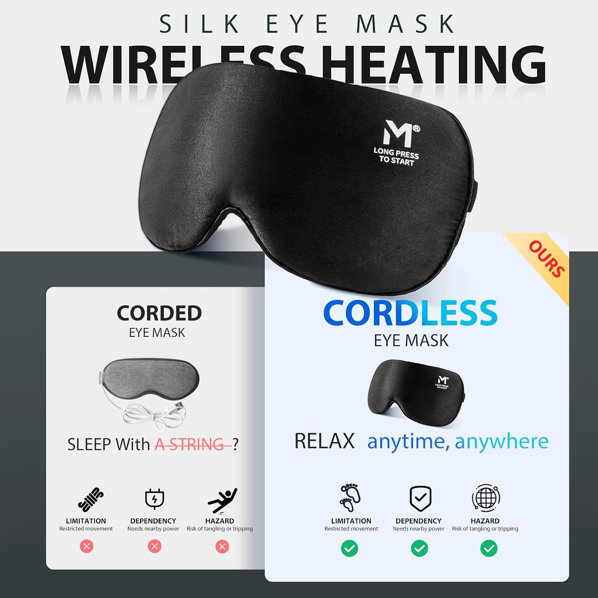 Silk Cordless Heated Eye Mask, Washable Heat Eye Compress for Dry Eye Electric Eye Heating Pad Warm Eye Mask for Eye Fatigue Stye Sinus Blepharitis MGD Gifts for Men Women - MerSun