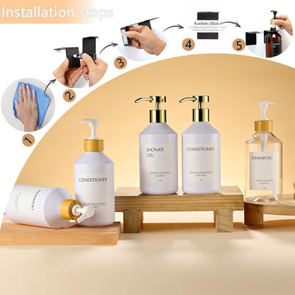 Shampoo and Conditioner Dispenser Set of 3 for Wall Mount | 16.9 fl oz Drill Free Shower Soap Bottles,Refillable Body Wash Dispensers for Bathroom Decor (Amber Bottles + Bamboo Pumps)