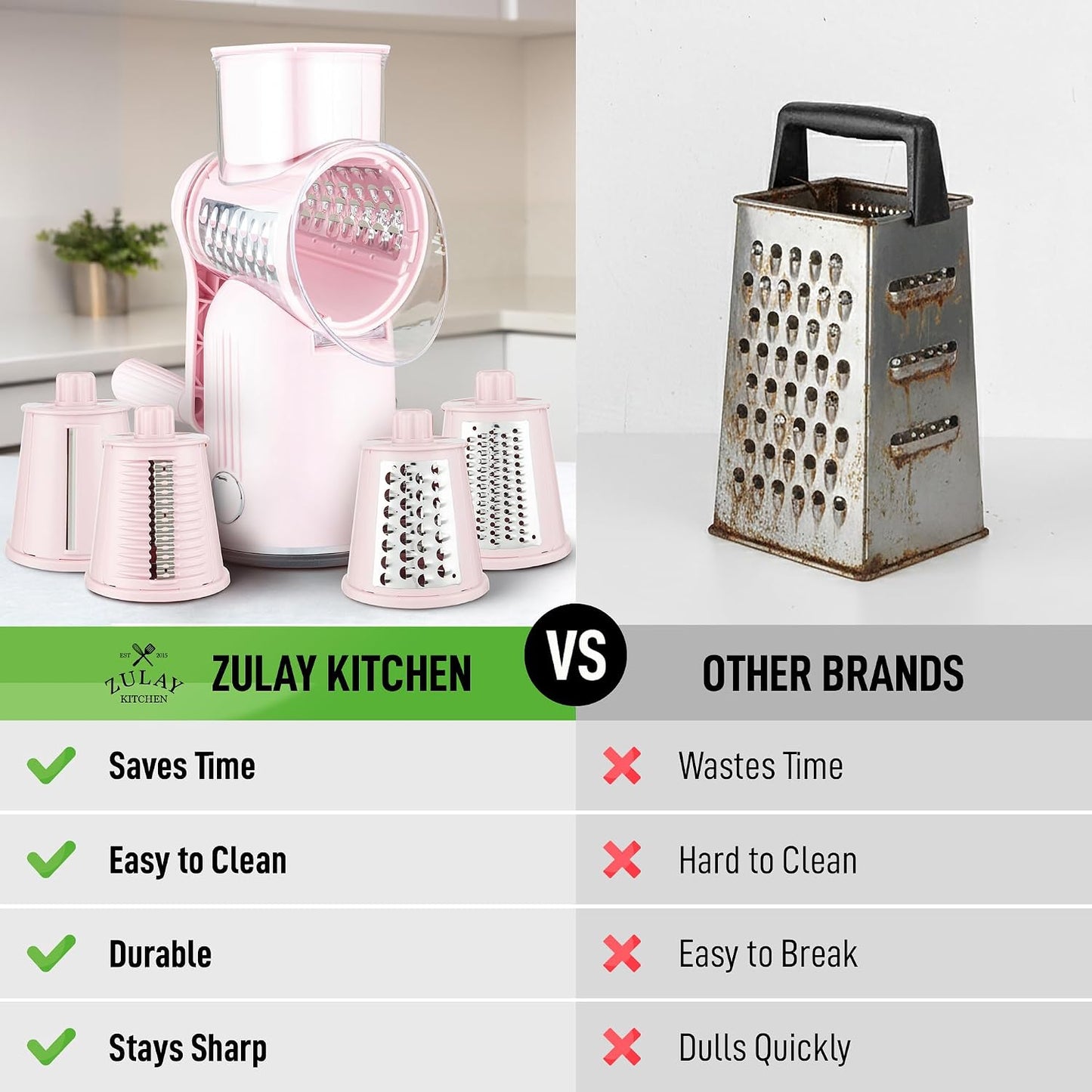 Zulay Kitchen Rotary Cheese Grater 5 Blade Cheese Shredder - Manual Hand Crank Cheese Grater With Reinforced Suction & 5 Interchangeable Drums - Easy to Use, Vegetable Chopper Round Mandoline Slicer - Colors A