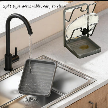 Kitchen Pot Lid Storage Rack, Pot Lid Holder While Cooking for Countertop | Stainless Steel Pot Lid Rack, Kitchen Countertop Organizer Removable Drip Tray, Lid Cutting Board Ladle Storage for Stove Top