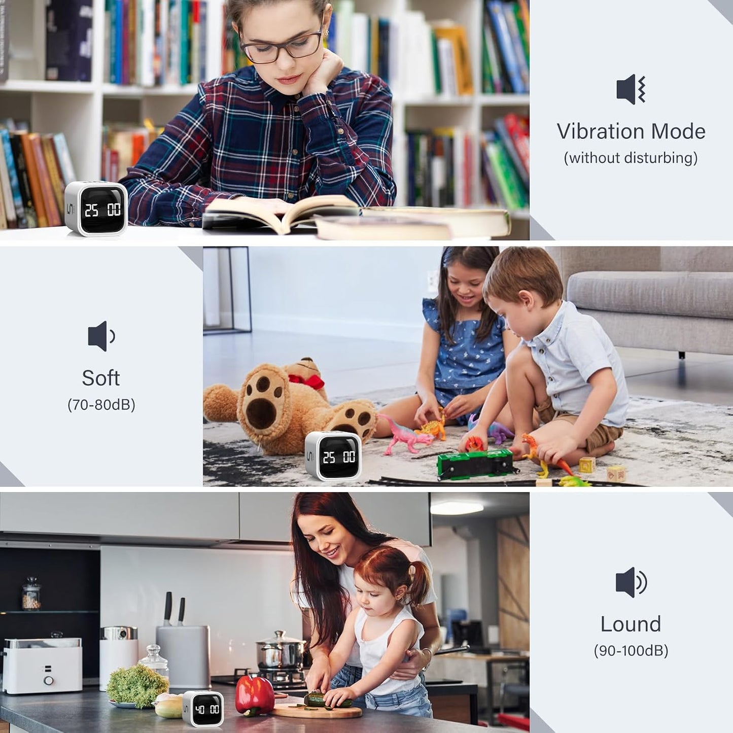 Rotating Pomodoro Timer 5, 25, 10 50 Minutes Preset, Desk Productivity Flip Timer, ADHD Tool Cube Countdown Stopwatch, Vibration/High/Low Volume/Custom Modes, for Work, Study, Back to School, Kitchen