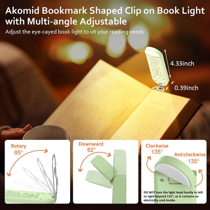 Akomid USB Rechargeable Book Light for Reading in Bed, 8 LEDs Bookmark Style Clip on, Eye-Cared Amber Light Mode for Kids, Blue Light Blocking, Stepless Dimming,Khaki