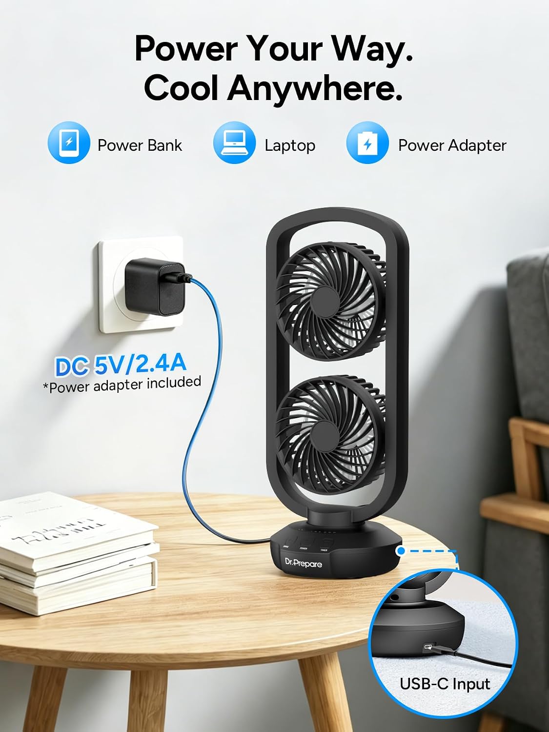 DR.PREPARE Small Tower Fan Oscillating Table Fans with 270° Tilt, 105° Oscillating, 3 Speeds and 3 Auto-Off Timer, Portable USB Powered Desk Fan for Bedroom Office Home Desk, Powerful Airflow 15 Inch