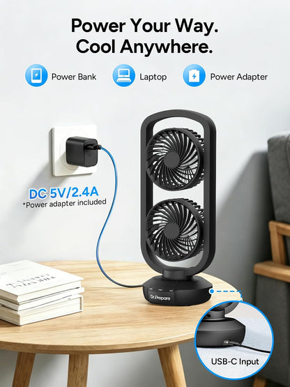 DR.PREPARE Small Tower Fan Oscillating Table Fans with 270° Tilt, 105° Oscillating, 3 Speeds and 3 Auto-Off Timer, Portable USB Powered Desk Fan for Bedroom Office Home Desk, Powerful Airflow 15 Inch