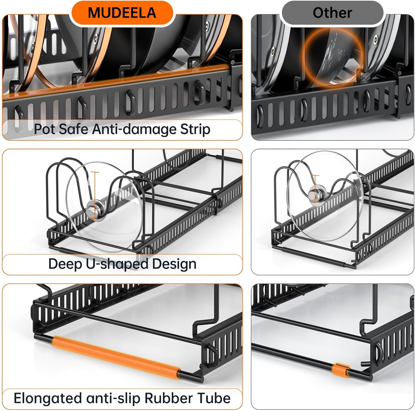 MUDEELA Expandable Pot Pan Lid Organizers inside Cabinet, 10 Divider-Black | Expandable 11.8–22.9", 10 Adjustable Divider, Tool-Free Assembly, Non-Slip, Scratch-Proof, For Pan Lid Cutting Board Bakeware