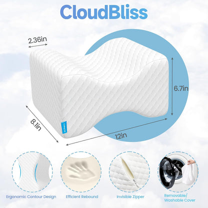 CloudBliss Cooling Gel Knee Pillow for Side Sleepers, Memory Foam, White | Contoured leg pillow, high-density foam, removable machine-washable cover, breathable fabric, hip and knee support