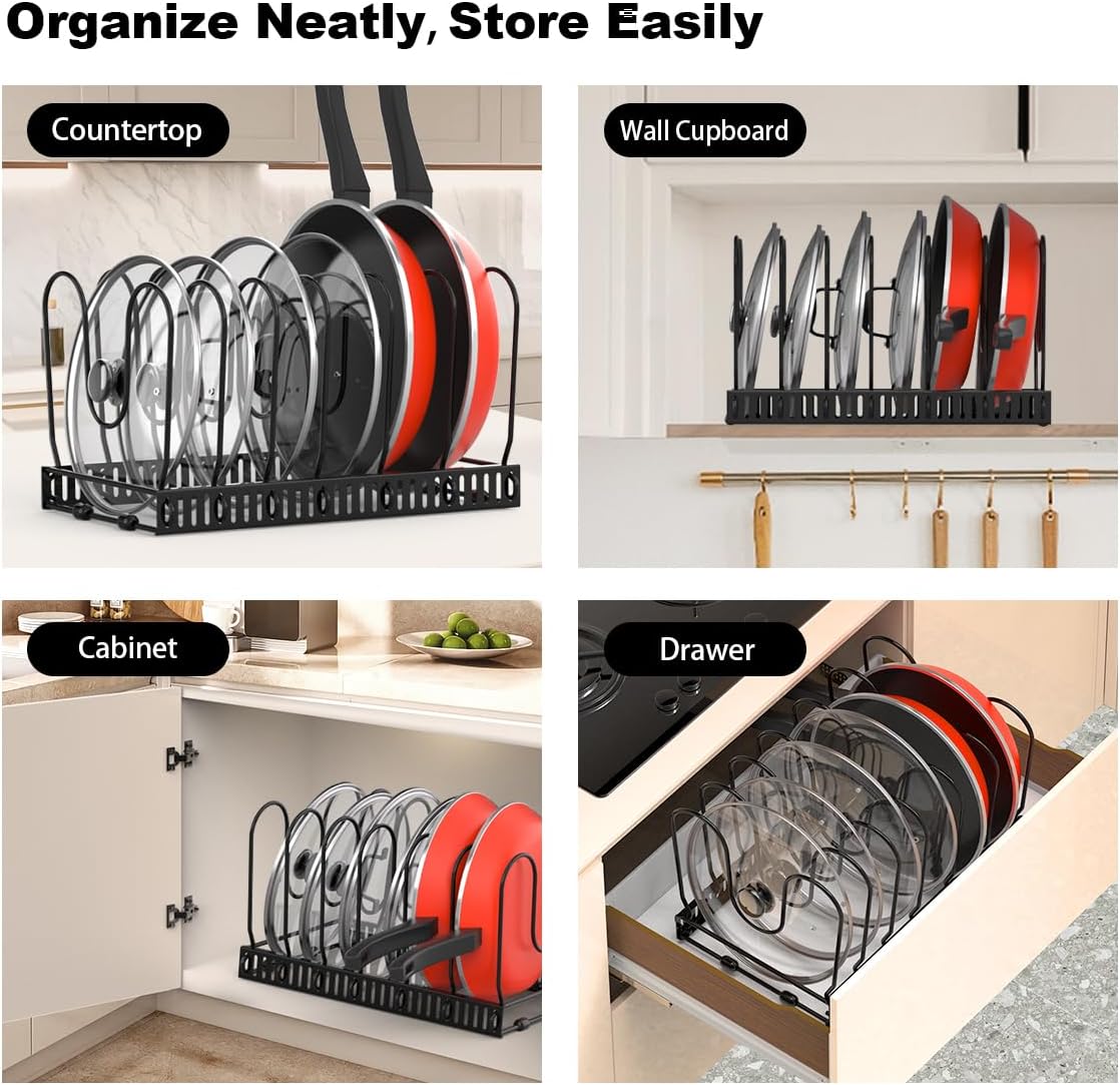Housolution Pot and Pan Lid Organizer Holder Storage Rack, Black | 12"-23" Expandable, 14 Adjustable Dividers, Sturdy Metal Construction, Easy Assembly