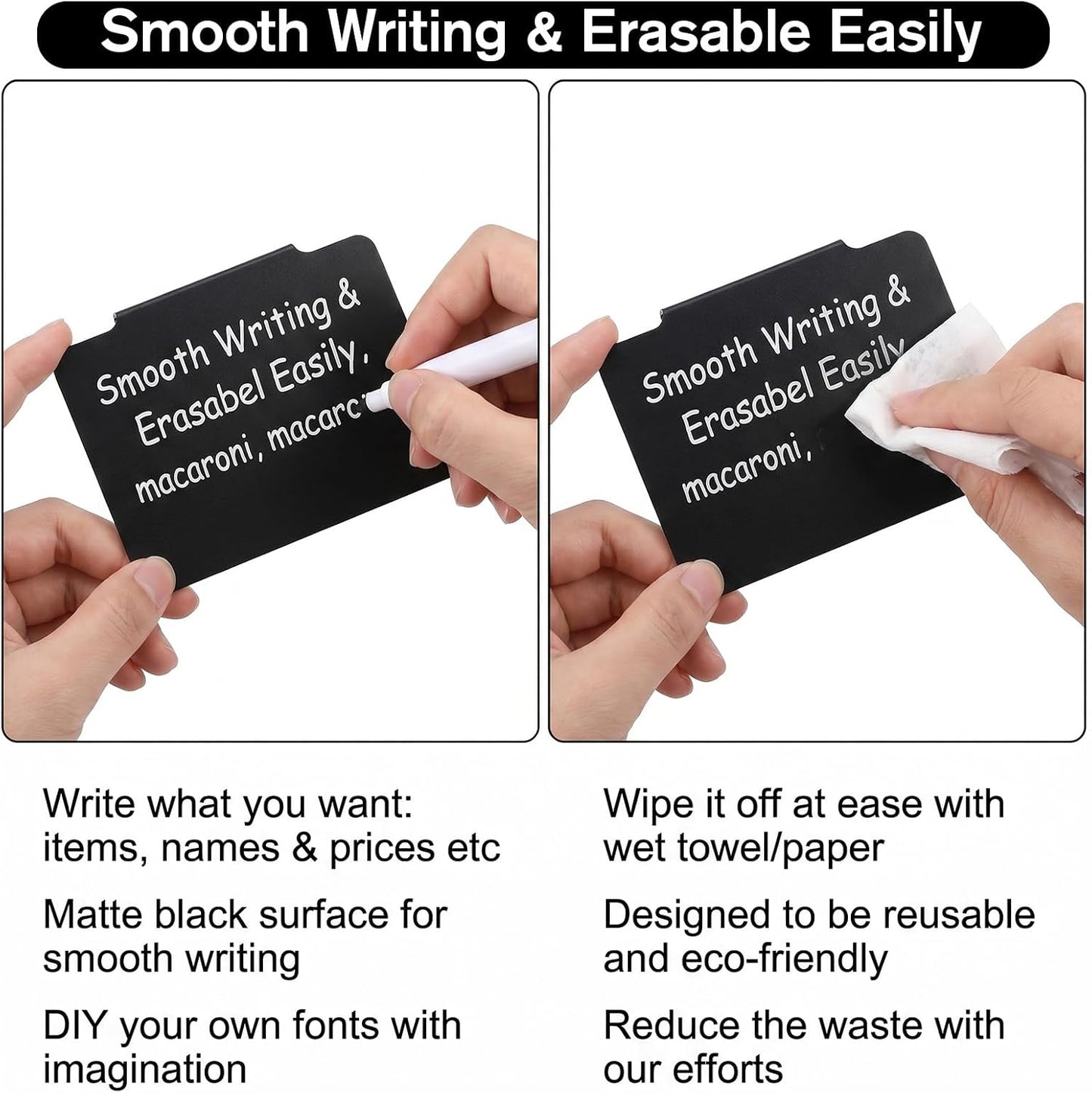 60 Pcs Clip on Labels for Storage Bins | 30 Black & 30 White Label Clips for Storage Bins with 2 Chalk Markers & 4 Flower Stickers (3.5 x 2.5 x 0.6 Inches)