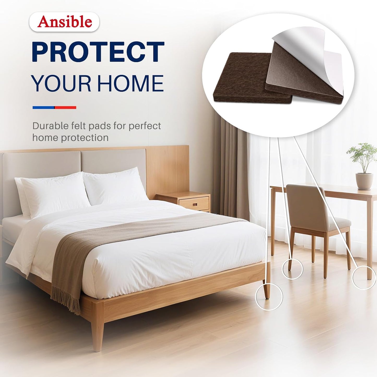 Ansible Felt Furniture Pads Chair Leg Floor Protectors 1" 60PCS | Felt Pads for Hardwood Floors,Self-Adhesive, Reduce Noise and Anti-Scratches,Easy to Install,Beige,Round