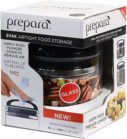 Prepara Evak Compact Glass Food Storage, Small, Black | Borosilicate Glass Container Vacuum Seal Lid & Black Handle, Odor & BPA-Free, Ideal for Coffee, Tea, Pantry Dry Goods