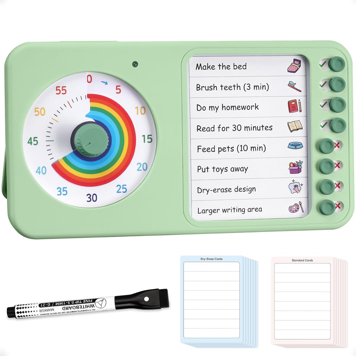 2-in-1 Visual Timer ADHD with Task Board, to-Do List, Checklist | Dry Erase Chore Chart and Visual Schedule for Kids ADHD, Rainbow Countdown Timer for Classroom, Home, Homeschool (White)