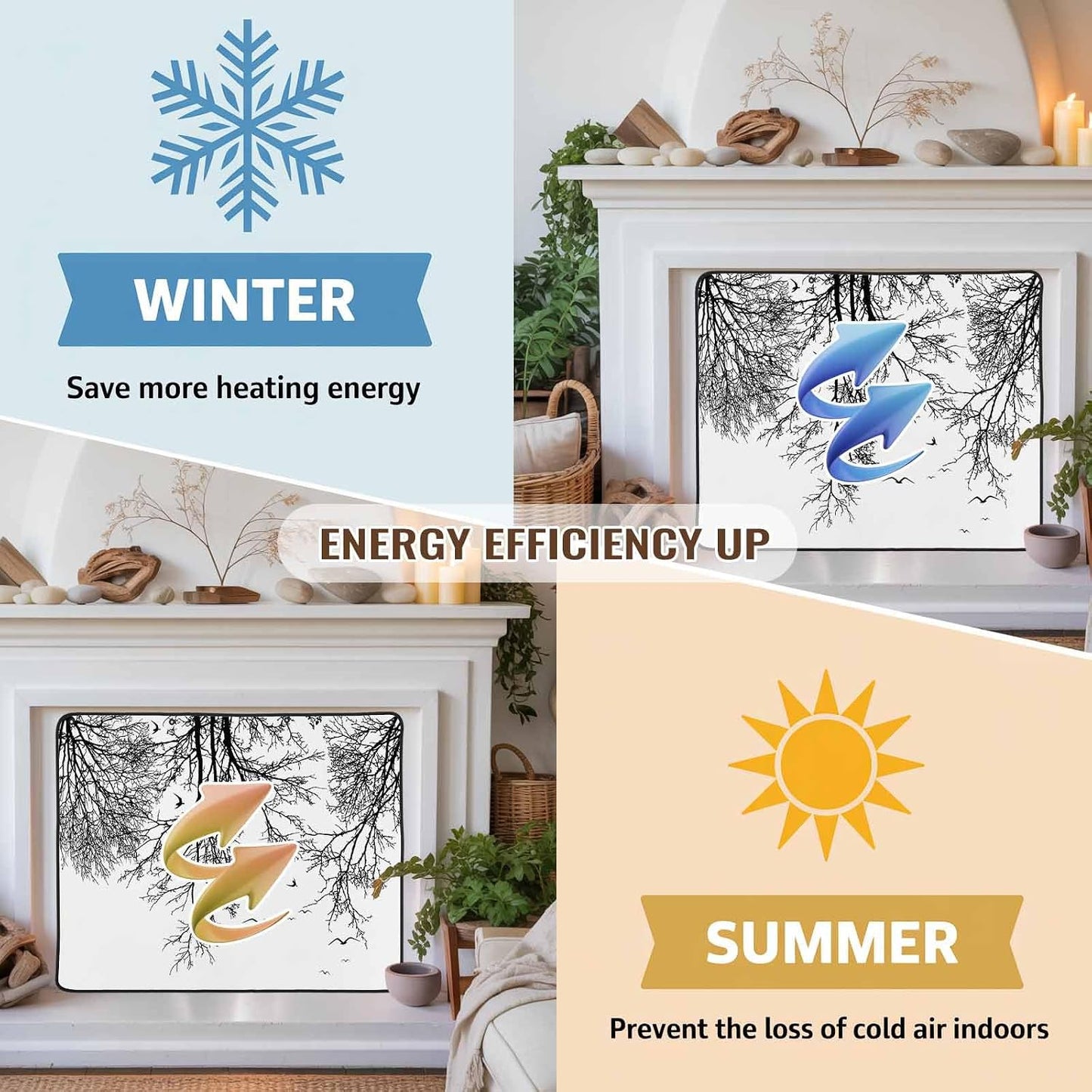 Magnetic Fireplace Cover Tree Branches Bird Fireplace Screen Decorative Brown Black Twigs Deadwood Insulation Fireplace Blocker Save Energy Fireplace Draft Stopper Covers for Living Room 45x34 Inch