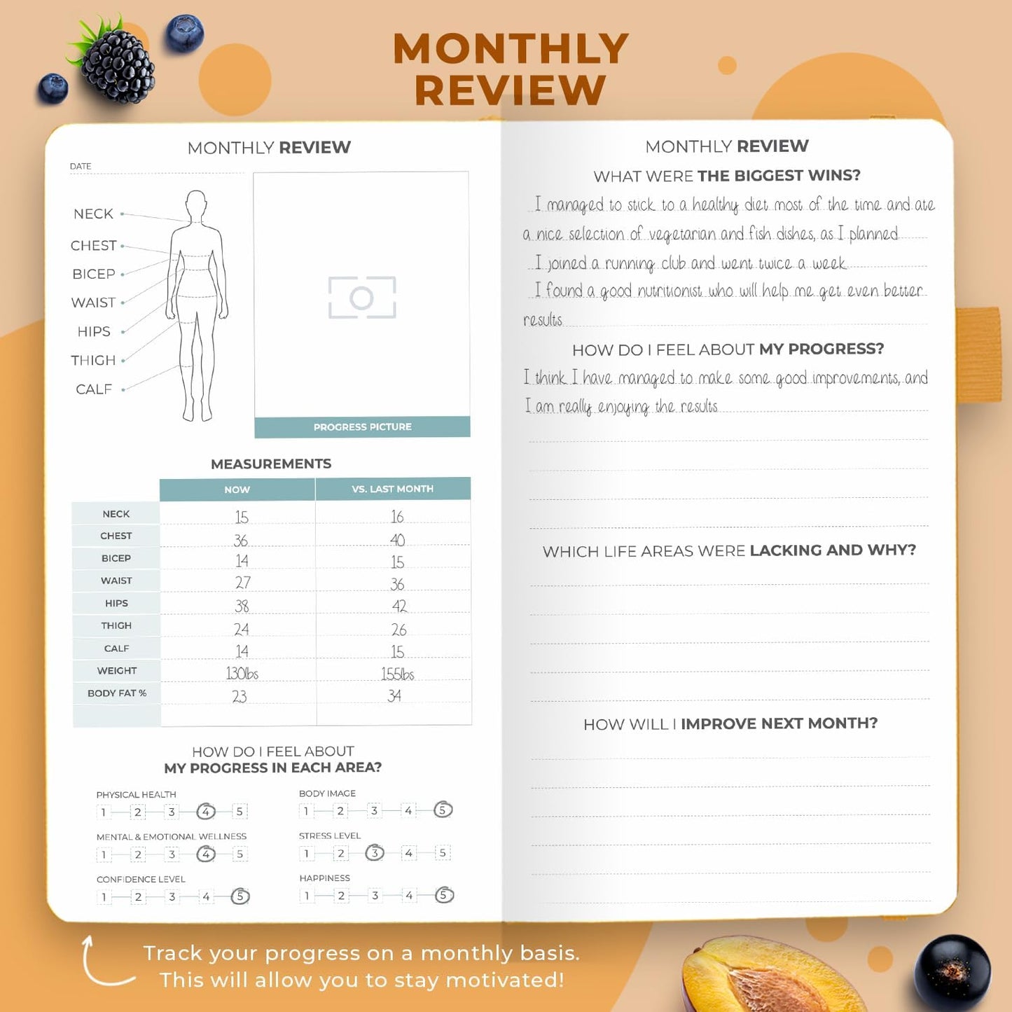Clever Fox Wellness Planner & Food Journal for Weight Loss, A5 Orange | 5.8"x8.3" nutrition & exercise tracker for women tracking meals, diet & symptom diary, calorie counter notebook, stickers