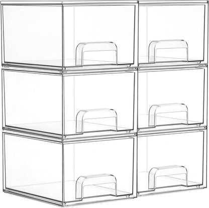 Vtopmart 4 Pack Small Clear Stackable Storage Drawers, Fits Narrow Spaces | Multi-Use Plastic Bins for Bathroom Cabinet Organizer, Makeup, Desk, Vanity, Undersink, Medicine ,Keeps Small Items Organized
