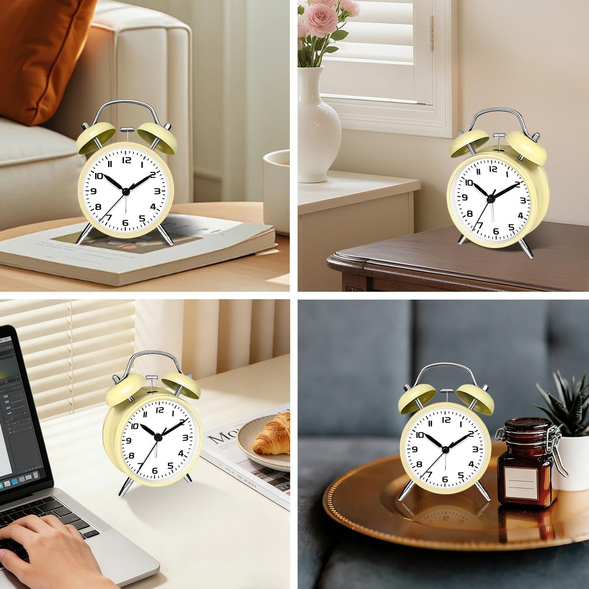 4.5" Metal Loud Alarm Clock for Heavy Sleepers Adults, Analog Battery Operated Alarm Clock with Bells Glow in Dark Numbers, Silent Old School Bedside Desk Clock for Bedroom Office Kids, Black
