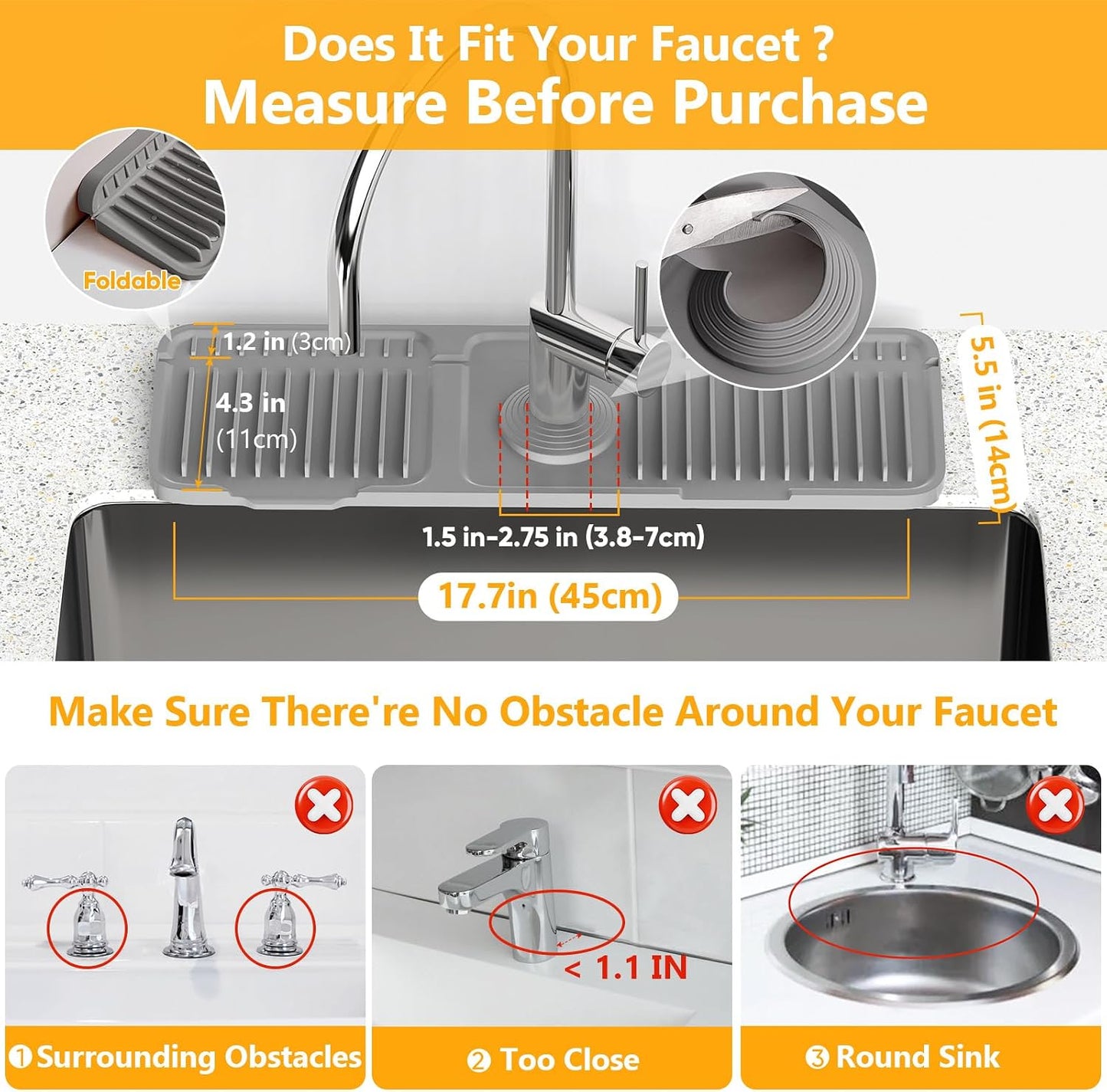24'' Longer Faucet Mat for Kitchen Sink Splash Guard[7° Slope Fast Self-draining][Snap Lock Fit]Kitchen Sink Faucet Mat Splash Guard Kitchen Sink Area Water Splash Guard Behind Faucet Draining Mat