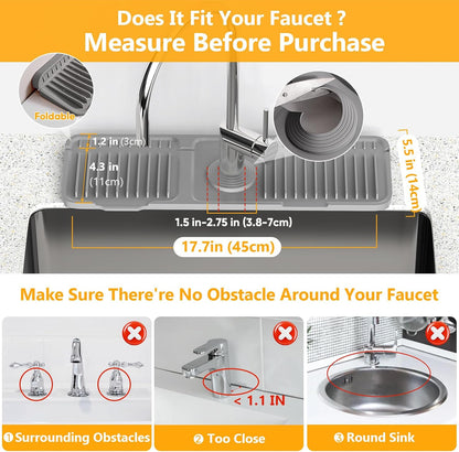 24'' Longer Faucet Mat for Kitchen Sink Splash Guard[7° Slope Fast Self-draining][Snap Lock Fit]Kitchen Sink Faucet Mat Splash Guard Kitchen Sink Area Water Splash Guard Behind Faucet Draining Mat