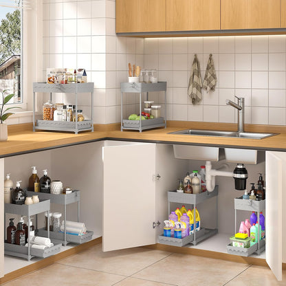 3-Pack 2-Tier Under Sink Organizers with Sliding Drawers | Multi-use kitchen & bathroom storage, 12.8 inch black cabinet organizer, space-saving sliding drawer design.