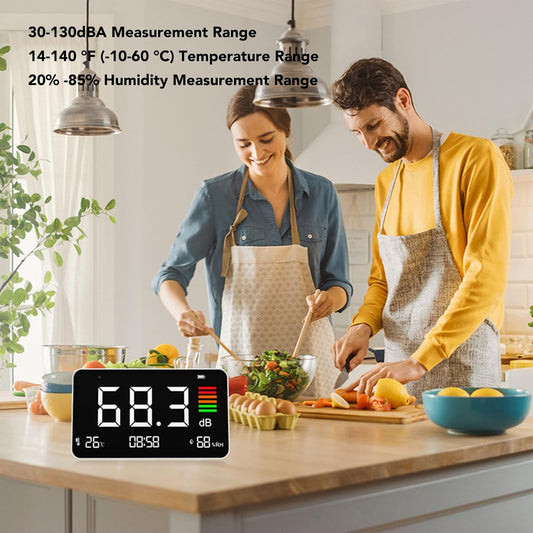 Digital Sound Level Meter 30-130dBA with Temperature Humidity Detection for Home School Library Desktop DM219N