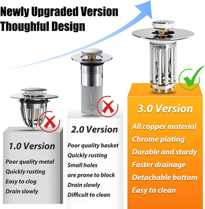 Anlige Bathroom Sink Drain Strainer, 3 in 1 Pop Up Bathroom Sink Stopper with Removable Brass Basket Hair Catcher, Universal Sink Plug for 1.06 to 1.6in Drain Hole, Chrome Silver
