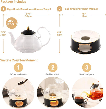 DUJUST Blooming Tea Pot Set, Luxury British Design with Relief Decor & Gold Trims, Hand-Crafted Clear Teapot with Warmer, 40oz Glass Teapot with Infuser, Stove-Safe Tea Party Gift & Home - Black
