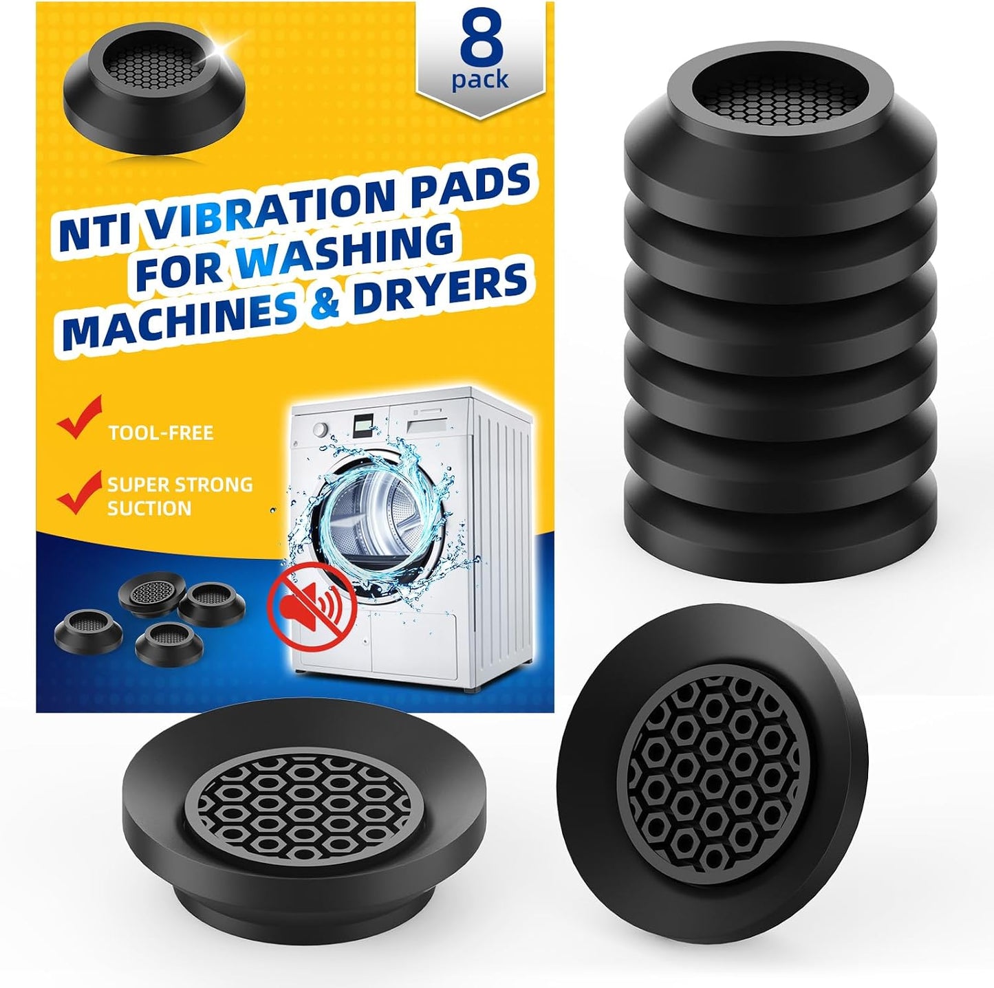 Anti Vibration Pads for Washing Machine 4 Pack, with Powerful Sucker Anti Vibration Pads Vibration Absorber,Washer and Dryer Stand, Noise Cancellation, Silicone Anti Slip Muffling Mat