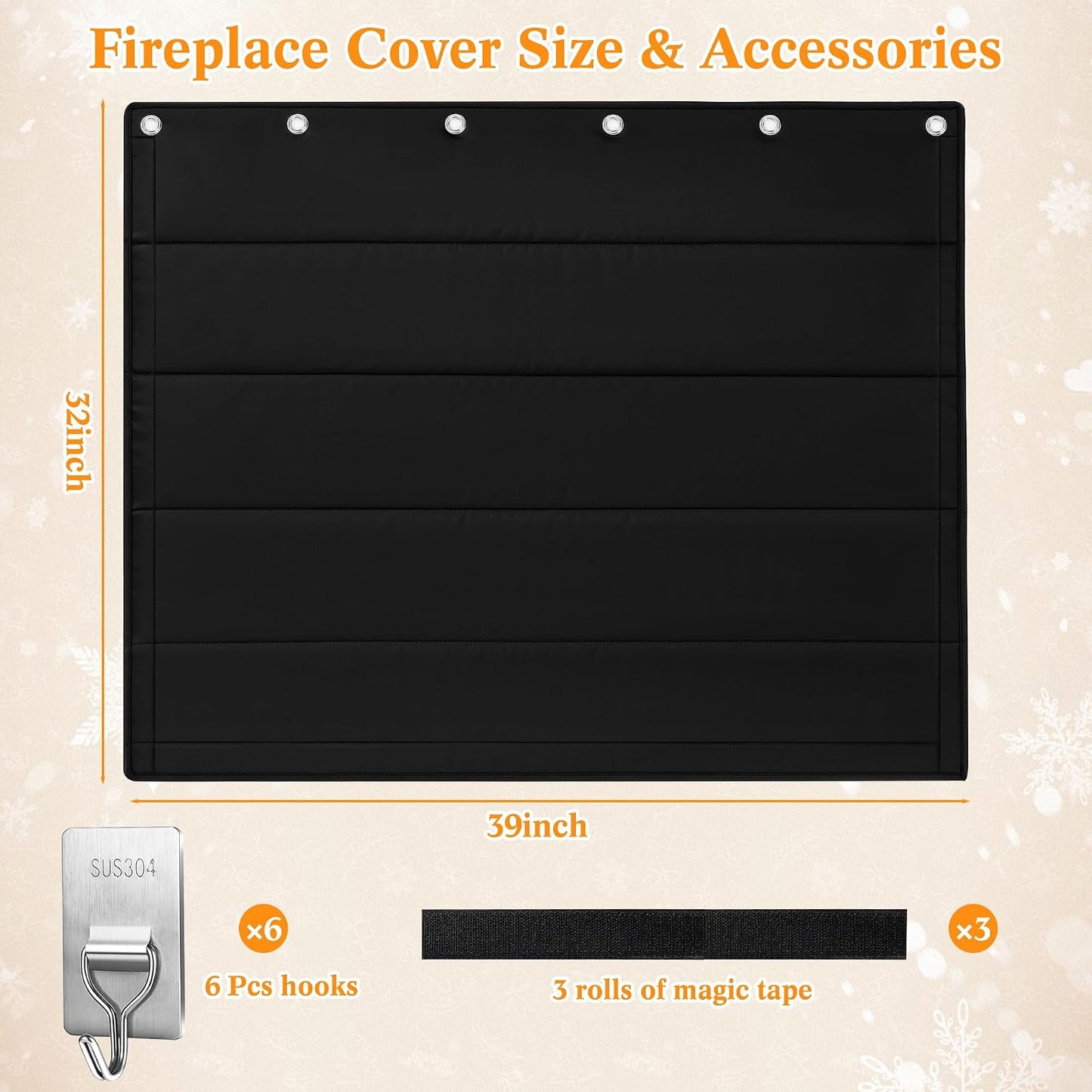 Fireplace Draft Cover - Draft Stopper Blanket with Hook & Loop Tapes, Stops Heat Loss & Cold Air, Energy-Saving Indoor Fireplace Blocker, 39"x32" Black