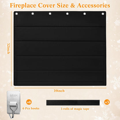 Fireplace Draft Cover - Draft Stopper Blanket with Hook & Loop Tapes, Stops Heat Loss & Cold Air, Energy-Saving Indoor Fireplace Blocker, 39"x32" Black