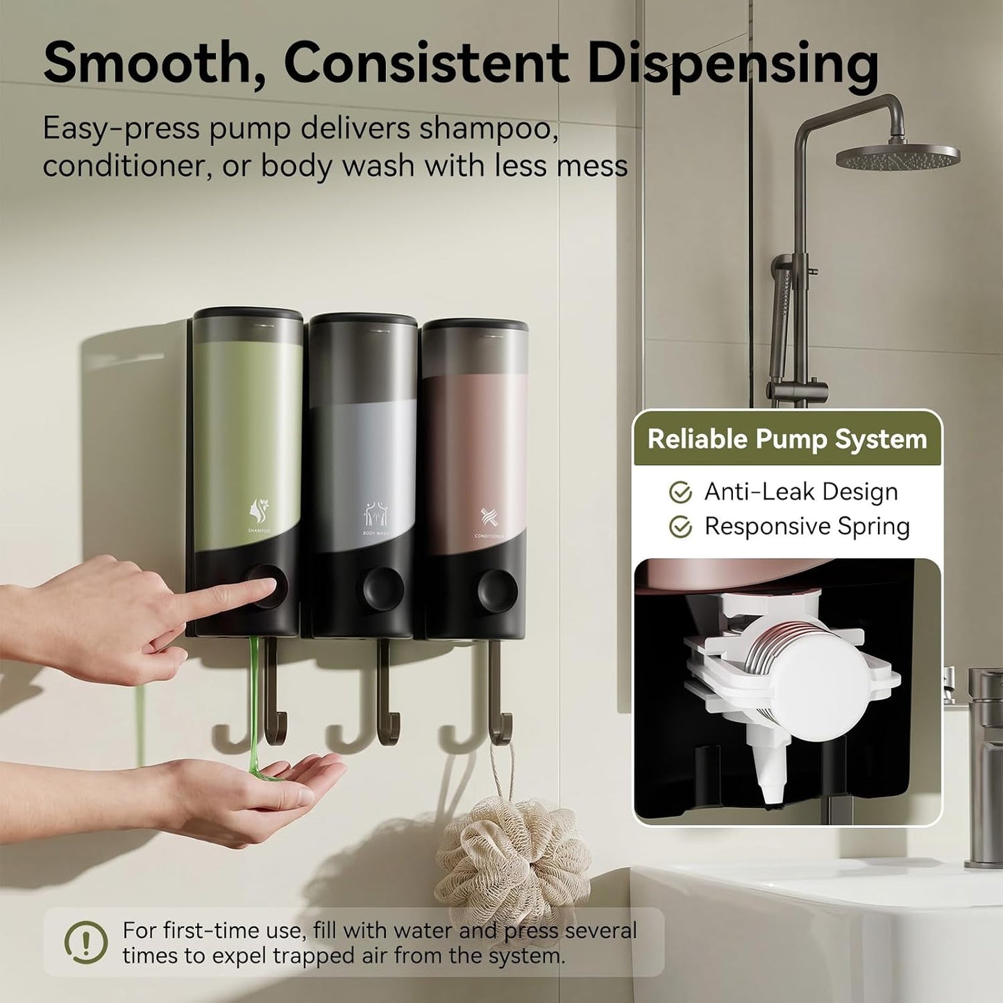 Shampoo and Conditioner Dispenser Wall Mounted with Hooks, 3-Chamber 1200ML Shower Soap Dispenser, No-Drill Bathroom Shower Organizer for Shampoo, Conditioner, Body Wash（Gun Grey）
