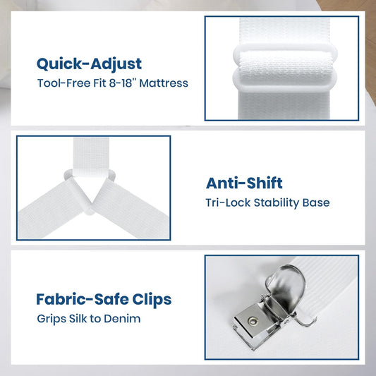 FeelAtHome Adjustable Bed Sheet Clips & Corner Fasteners, 4 Pack, White