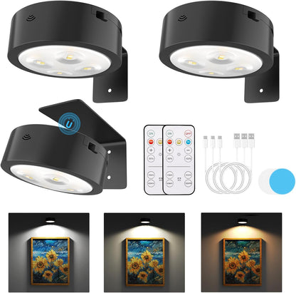 3 Pack Picture Lights for Wall, Rechargeable Battery Operated wall lights, Picture Frame lights with 3 Lighting Modes, Wireless Magnetic Painting Light with Remote Control Timer (White, 3 Pack)